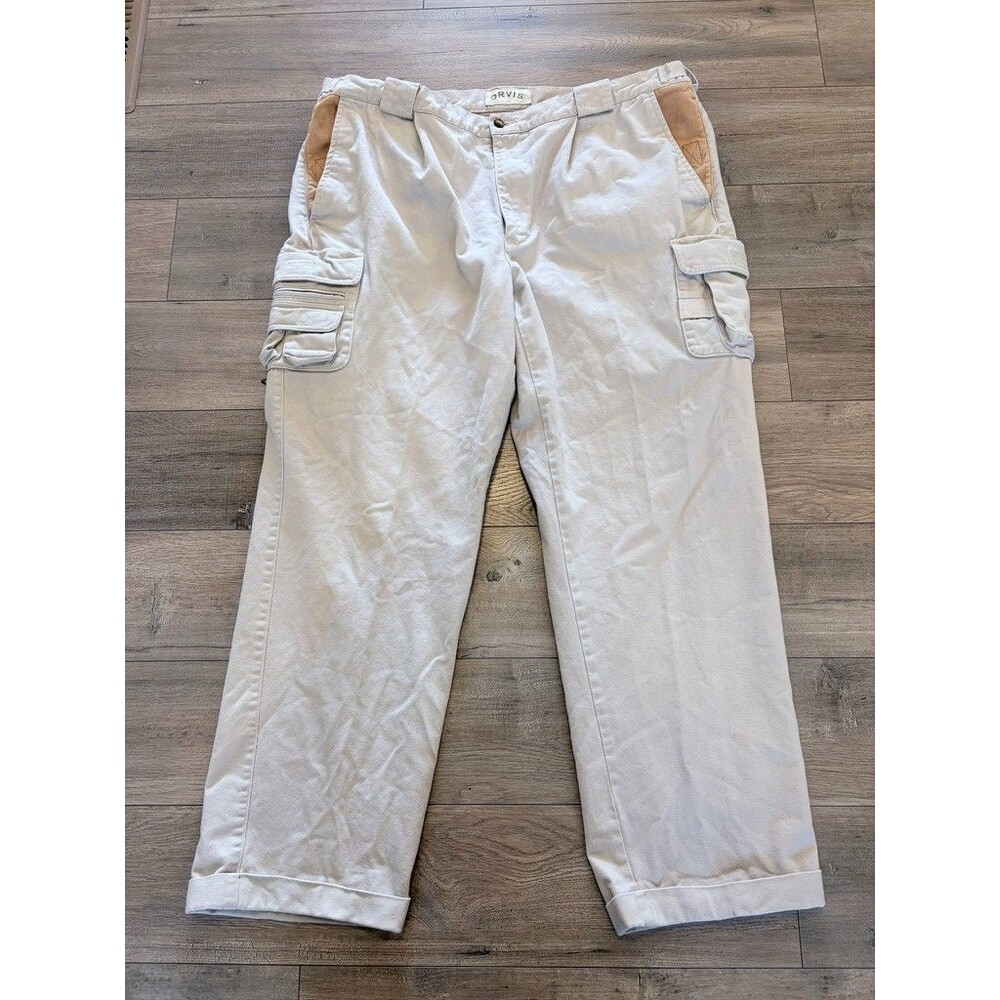 ORVIS Vintage Contrast Leather Trim Zambezi Cargo Trouser Mens 44X32 Pleated